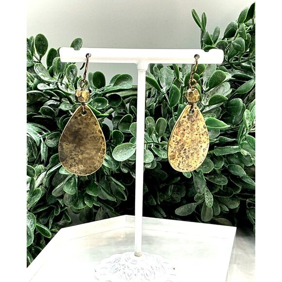Brass Tone Tear Drop Shape Earrings With Hammered Finish - Picture 5 of 5